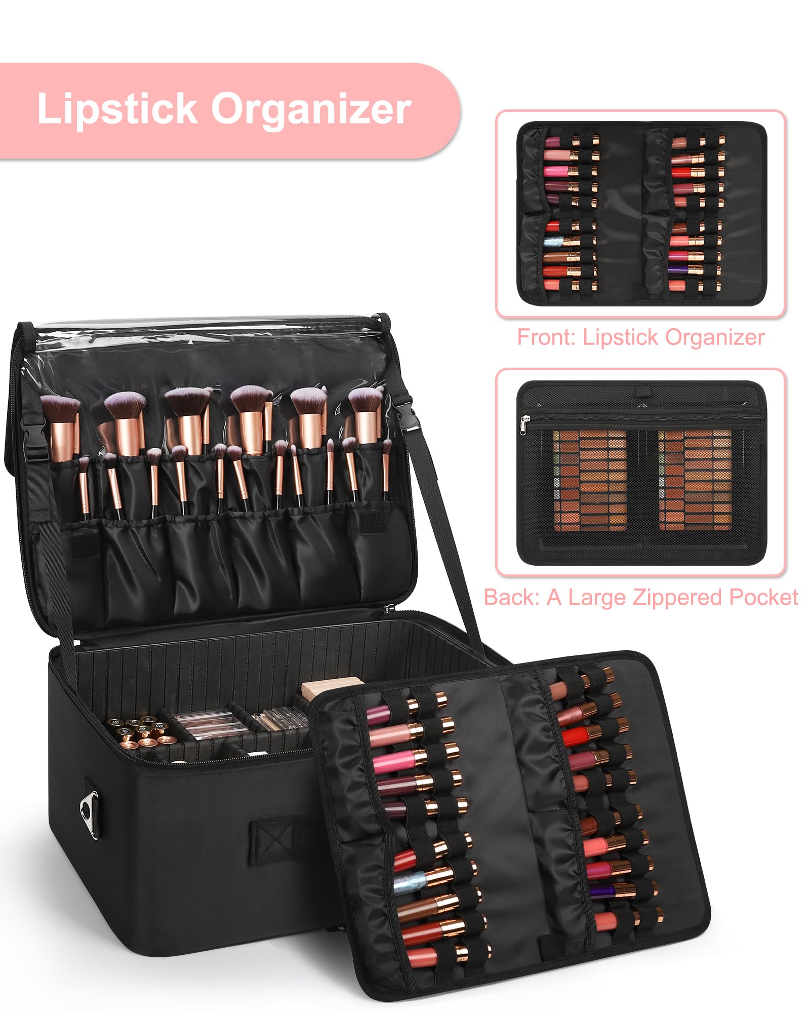 Relavel Extra Large Cosmetic Case, Travel Makeup Bag with 4 Clear Pouches & Lipstick Plate, Portable Cosmetic Case Storage Organizer Box for Makeup Artists with Shoulder Strap & Adjustable Dividers