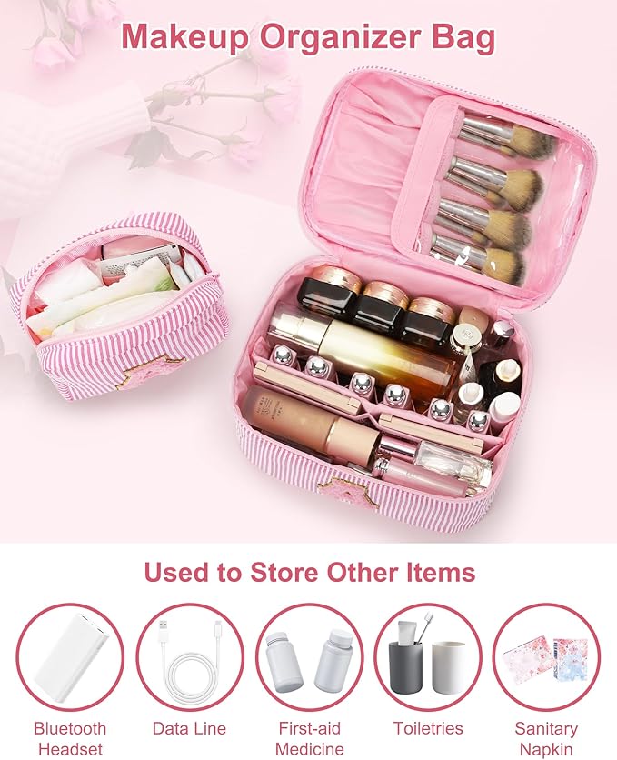 MONSTINA Personalized Initial Makeup Bag,Valentine's Gifts for Women,Make Up Case for Girlfriend Bridesmaid Wife,Birthday Gift for Her Cute Toiletry Bag,2PCS,Pink L