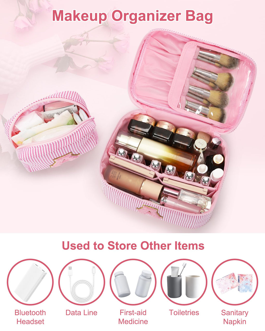 MONSTINA Personalized Initial Makeup Bag for Women,Make Up Case for Girlfriend Bridesmaid Wife,|Personalized Gifts for Women Friends|Cute Toiletry Make Up Traveling Stuff Organizer,Pink X