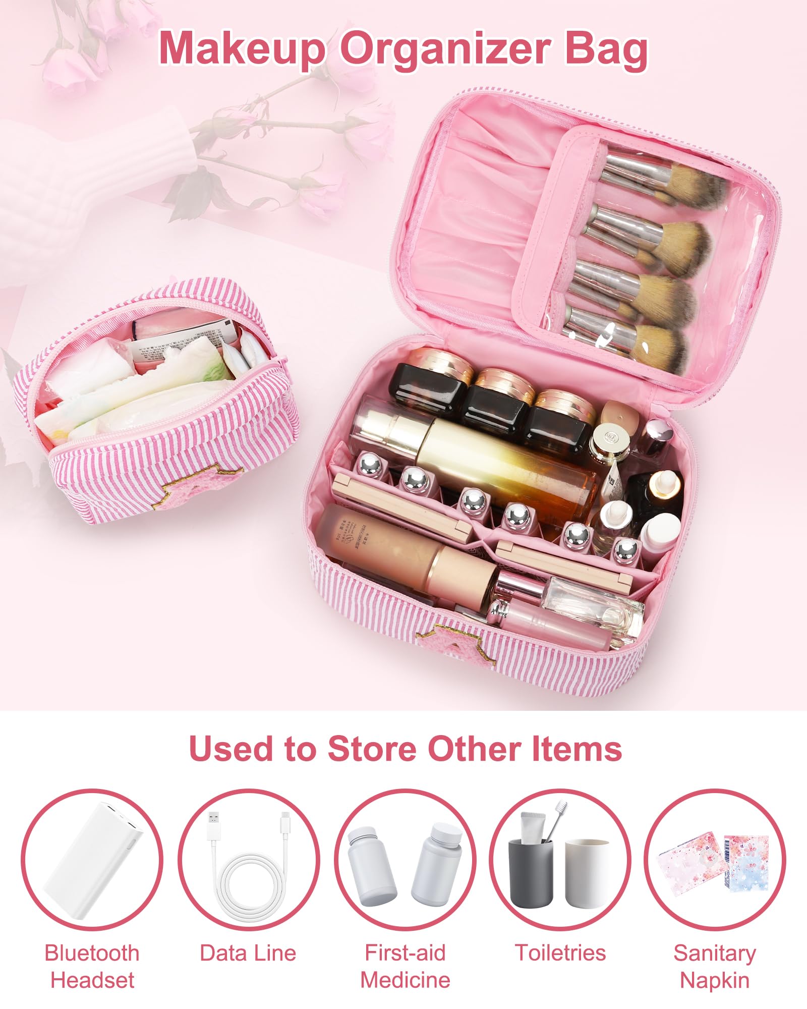 MONSTINA Personalized Initial Makeup Bag for Women,Make Up Case for Girlfriend Bridesmaid Wife,|Personalized Gifts for Women Friends|Cute Toiletry Make Up Traveling Stuff Organizer,Pink X