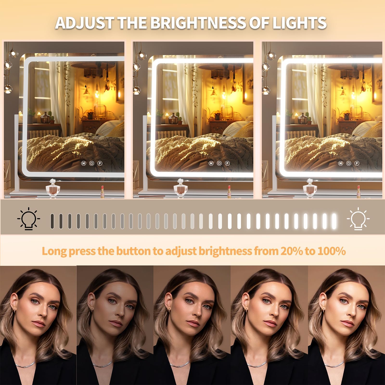 Hasipu Vanity Mirror with Lights, 34.3" x 25.2" LED Makeup Mirror, Light up Mirror with 10X Magnification and Phone Holder, USB Charging Port, Smart Touch 3 Colors Dimmable (White)