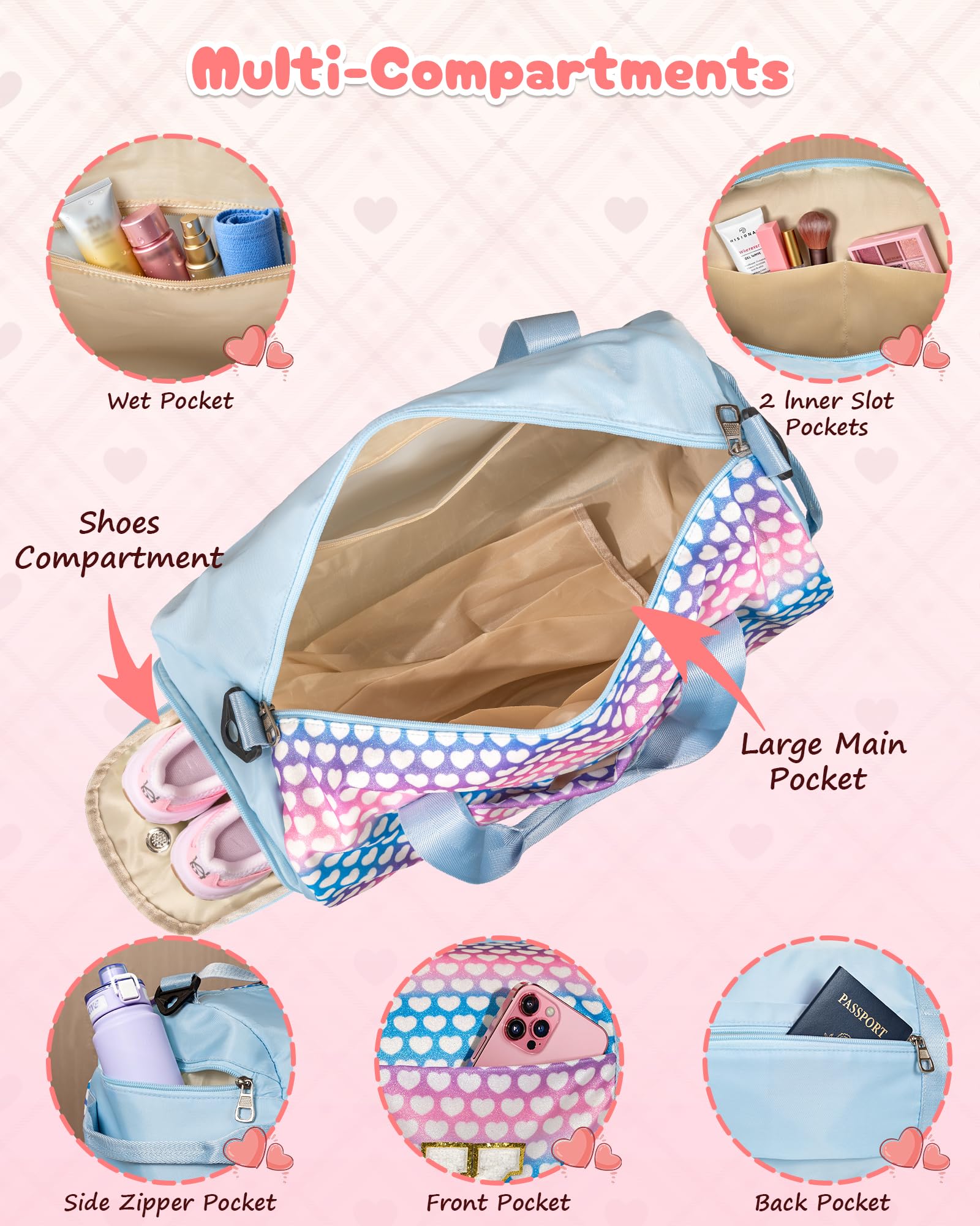 Vogewood Girl Initial Sparkly Dance Duffle Bag, Birthday Gift for Daughter