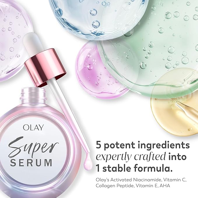 Olay Super Serum - Glow Serum for Face - Activated Niacinamide, Vitamin C & E, Collagen Peptide, AHA - 5-in-1 Benefits - Brightens, Hydrates, Smooths, Firms, Evens Tone, Proactive Anti-Aging, 1.7 Oz