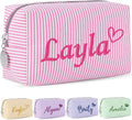 Yofair Personalized Makeup Bag with Name, Bridesmaid Gifts Large Capacity Travel Toiletry Case Custom Seersucker Cosmetic Bags Wedding Birthday Gifts for Girls Women
