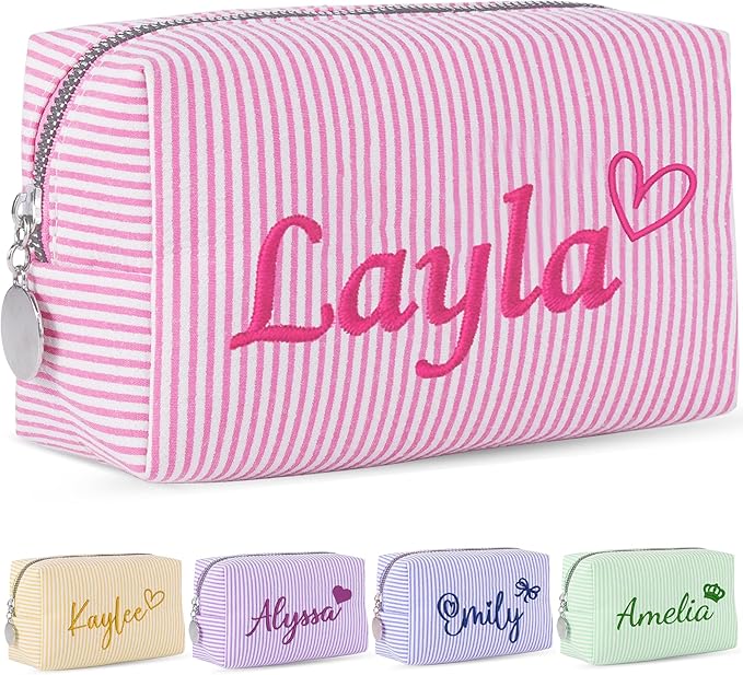 Yofair Personalized Makeup Bag with Name, Bridesmaid Gifts Large Capacity Travel Toiletry Case Custom Seersucker Cosmetic Bags Wedding Birthday Gifts for Girls Women