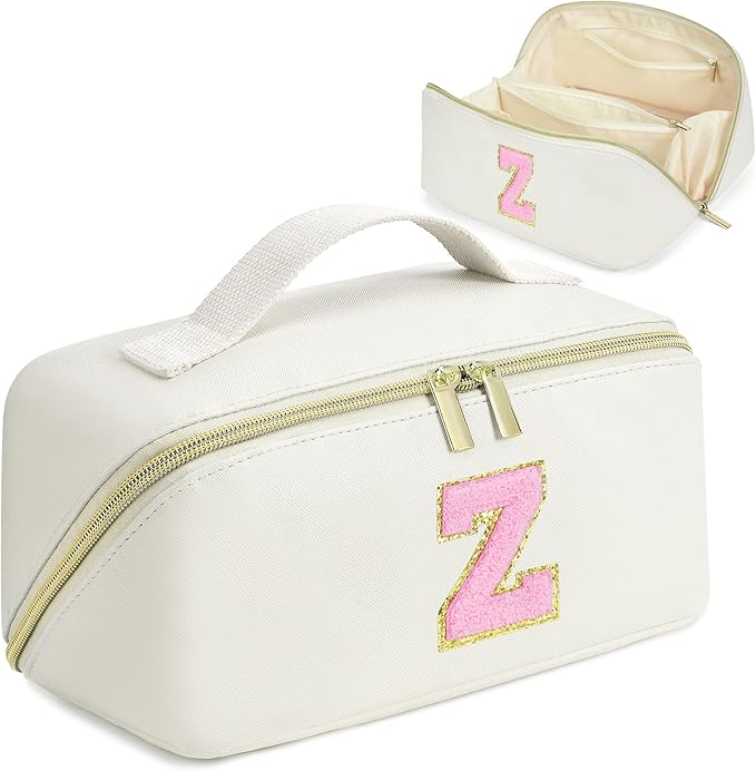 for Valentines Day Gifts, Makeup Bag for Women, PU Leather Travel Toiletry Bags, Initial Make Up Cosmetic Pouch for Teen Girls, Wide Open Portable Skincare Bag, Personalized Birthday Gifts, White Z