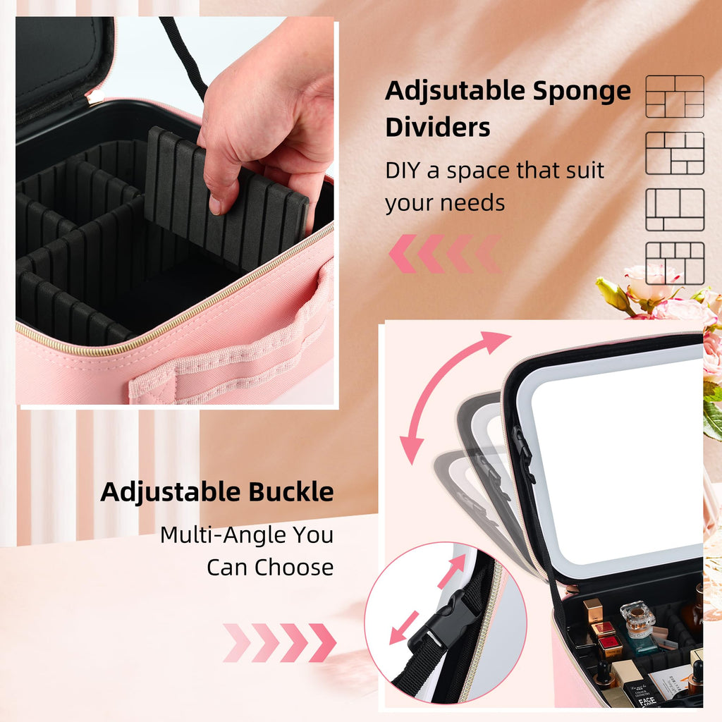 ZhenGuiRu Travel Makeup Bag with LED Mirror – Waterproof Cosmetic Train Case with Adjustable Dividers, Portable Makeup Organizer and Toiletry Bag for Women, Teens & Girls Gift, Pink