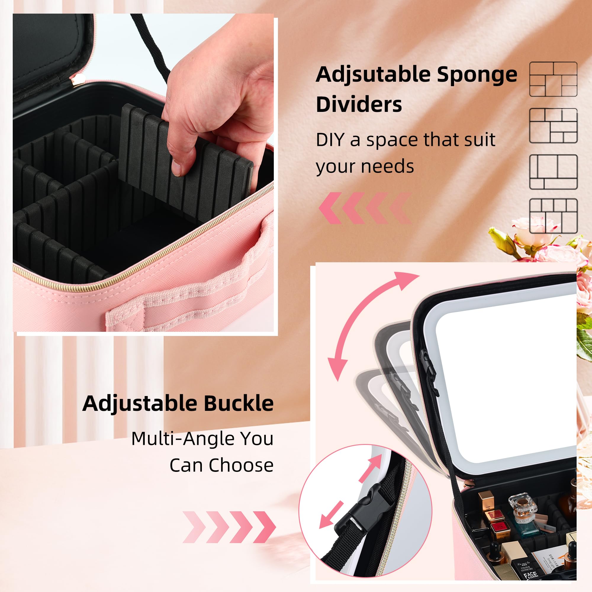 ZhenGuiRu Travel Makeup Bag with LED Mirror – Waterproof Cosmetic Train Case with Adjustable Dividers, Portable Makeup Organizer and Toiletry Bag for Women, Teens & Girls Gift, Pink