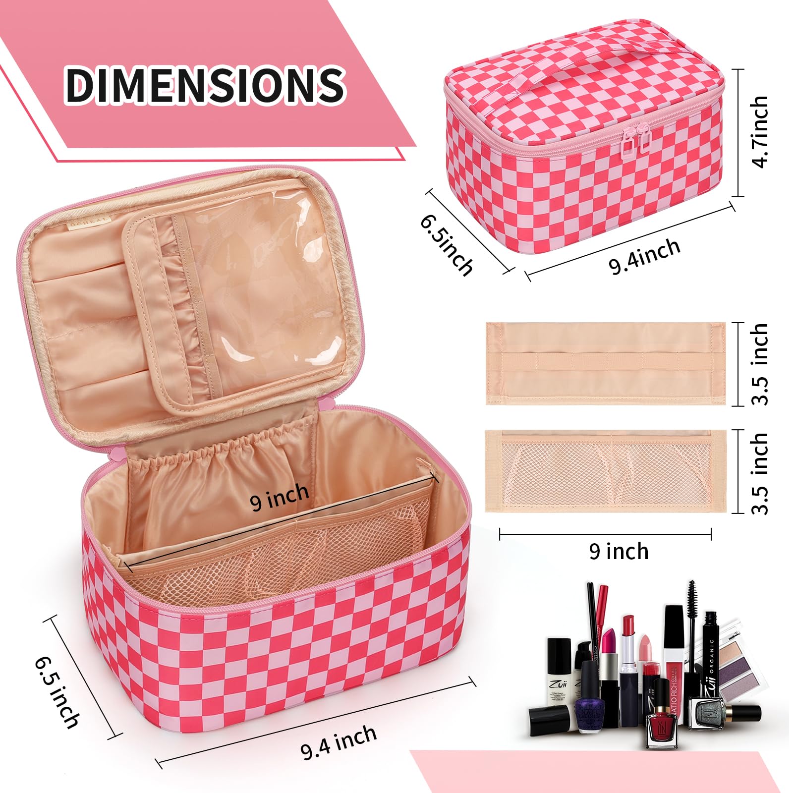 OCHEAL Makeup Bag Portable Cosmetic Bag For Women, Large Capacity Travel Makeup Case Organizer, Toiletry Bag for Girls Traveling With Handle and Divider-Pink