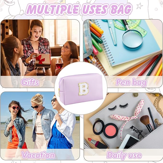 Gifts for Girls Initial Makeup Bag Personalized Cosmetic Bag with Zipper Cute Travel Toiletry Bag Waterproof PU Preppy Makeup Pouch Birthday Gift for Teen Girls Women(Purple B)