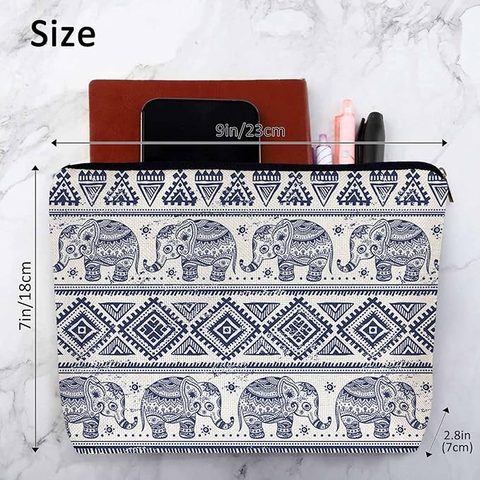 Kalygon Elephant Cosmetic Bags For Women, Ethnic Geometric Elephant Roomy Makeup Bag Toiletry Bag Accessories Organizer Storage Bags Makeup Pouch For Travel Business Gym Camping Bathroom, Blue