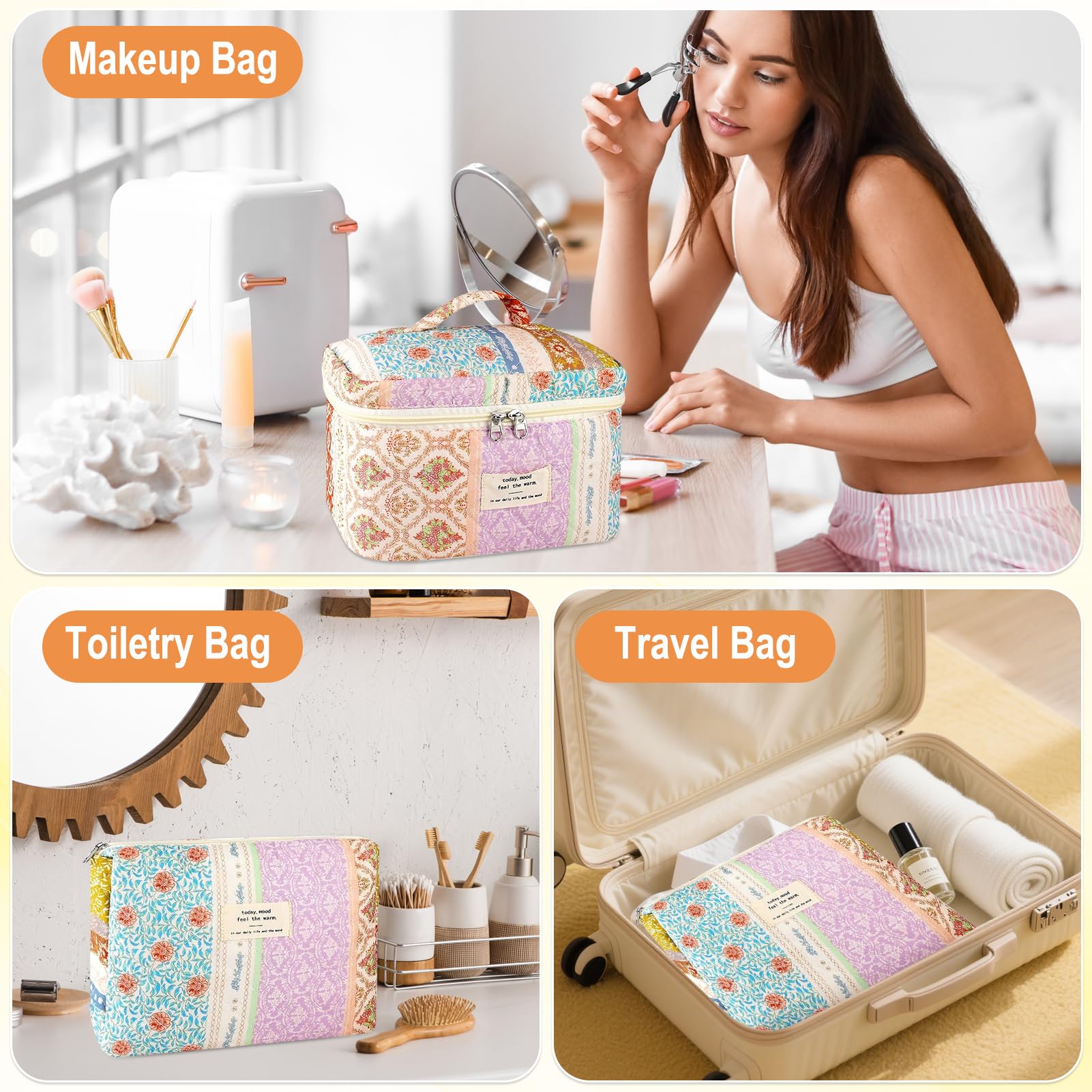 URSKYTOUS 3Pc Cotton Quilted Makeup Bags for Women Large Small Coquette Floral Travel Cosmetic Bag Set Aesthetic Cute Flower Makeup Pouch Portable Toiletry Bag Puffy Essential Storage Organizer Bag