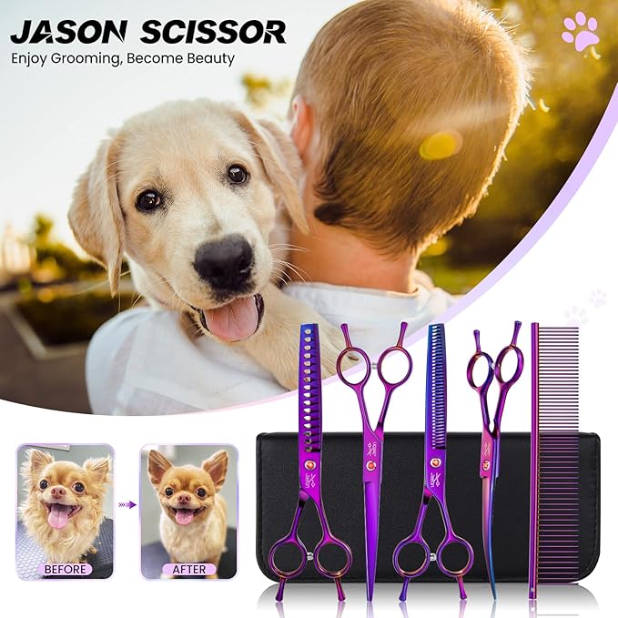 JASON Dog Grooming Scissors Set - 7 in 1 Professional Pet Sharp Shears Kit