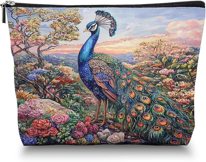 Scribesense Makeup Bag Travel Cosmetic Bags Small Makeup Case Waterproof Zipper Pouch for Women Girls 7X9inches - Peacock in A Dusk - Filled Floral Landscape