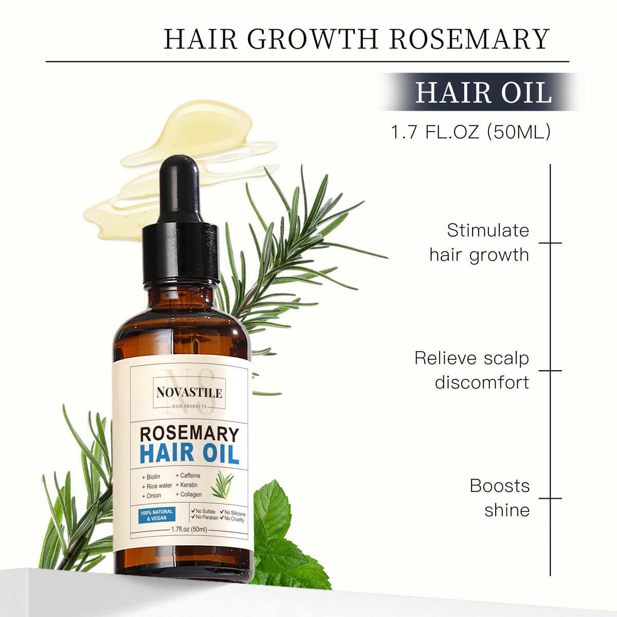 Novastile Rosemary Hair Oil – Dry Scalp & Split End Treatment with Biotin & Essential Oils for Strengthening, Nourishing, Moisturizing & Supporting Longer, Healthier Hair