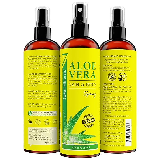 Seven Minerals, Aloe Vera Spray for Body & Hair - From Freshly Cut Organic Aloe (99%), Extra Strong, Easy to Apply, No Thickeners So It Absorbs Rapidly, No Sticky Residue - Made in USA (12 fl oz)