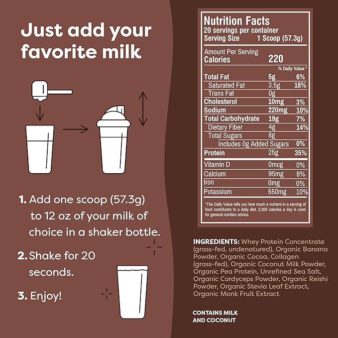 FlavCity Chocolate All in One Protein Shake Powder - On the Go Meal Alternative + Collagen Peptides, Reishi & Cordyceps - Focus, Skin, Hair & Joint Support - 100% Grass Fed Whey, 20 Servings