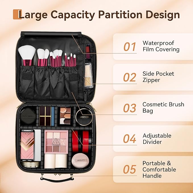JUSRON Travel Makeup Bag Portable Storage Bag with Adjustable Dividers for Cosmetics Makeup Brushes for Women Beauty Tools Accessories Case (Black), MR0041