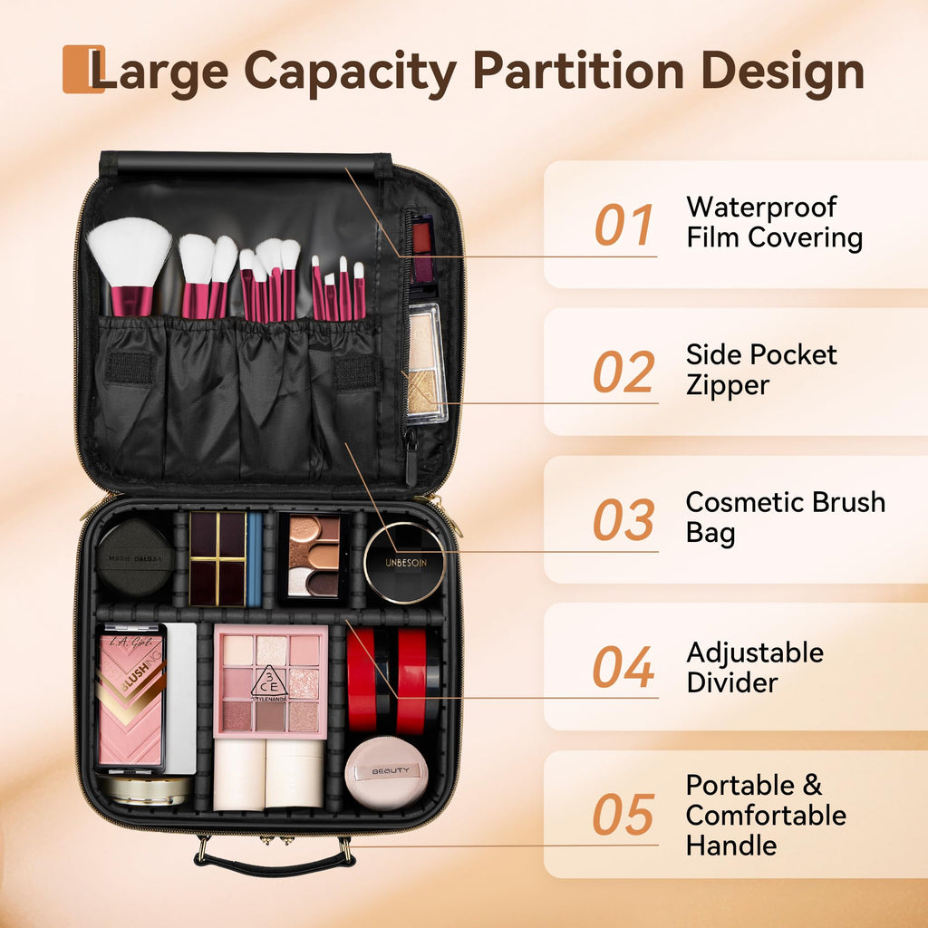 JUSRON Travel Makeup Bag Portable Storage Bag with Adjustable Dividers for Cosmetics Makeup Brushes for Women Beauty Tools Accessories Case (Black), MR0041