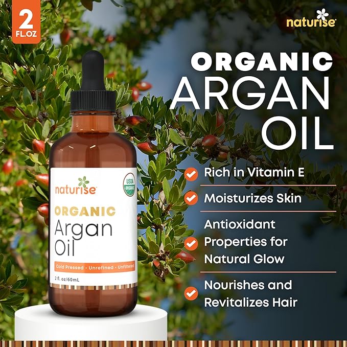 Naturise Organic Argan Oil for Hair & Skin – Cold Pressed, Unrefined, Pure Argan Oil of Morocco for Face Skin Moisture & Hair Growth – Non-GMO, Gluten Free Oils with Vitamins & Fatty Acids (2 fl. oz.)