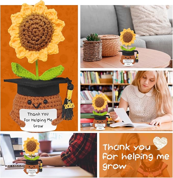 Teacher Appreciation Gifts, Handmade Crochet Sunflower Teacher Gifts, Thank You for Helping Me Grow, Daycare Teacher Appreciation Gifts for Women Men, End of Year Graduation Teacher Gifts (1)