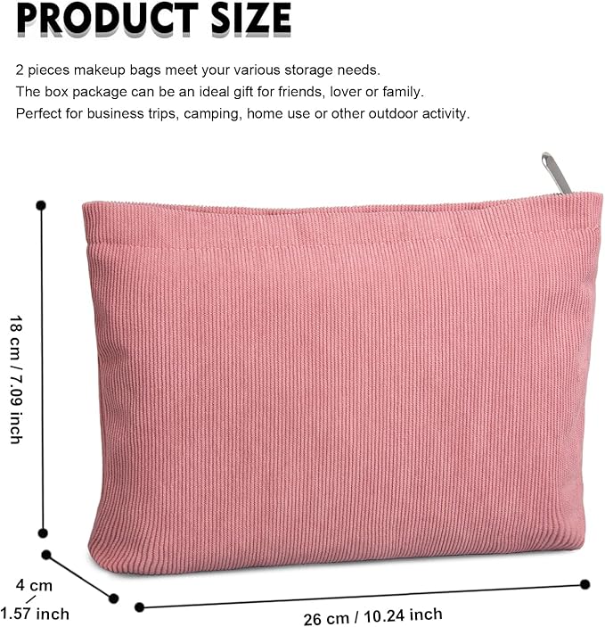 FITDON 2PCS Cosmetic Bags for Women Makeup Bag for Purse Small Corduroy Makeup Pouch Travel Make Up Bag with Zipper Toiletry Bag Organizer, Pink