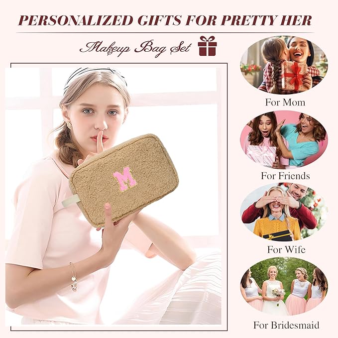 for Valentines Day Gifts, Personalized Initial Cosmetic Bag Pouch for Teen Girls, Preppy Makeup Travel Bags for Daughter Sister Girlfriend, Monogramed Make Up Pouch for Birthday Gifts - Brown U