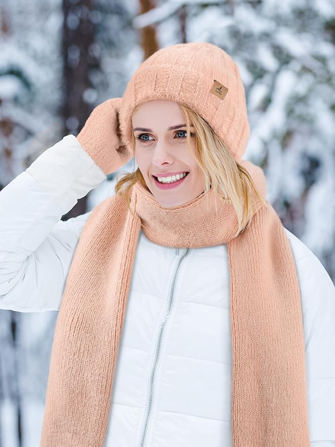LOROME Winter Beanie Hat Gloves Scarf, Cashmere Hat Gloves Scarf Set Women
