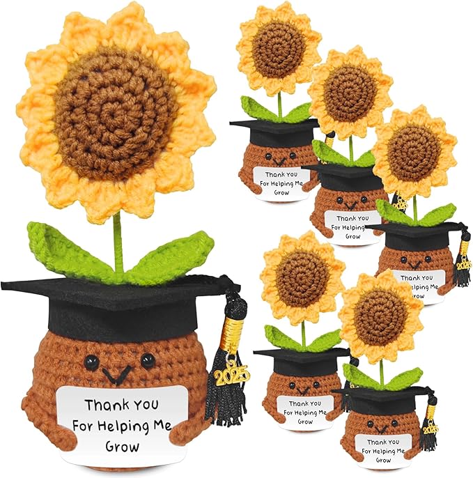 Lanpul Crochet Sunflower Graduation Pot, Handmade Teacher Appreciation Gift, Sunflower Yellow, 6.7 x 3.9 Inches, Indoor