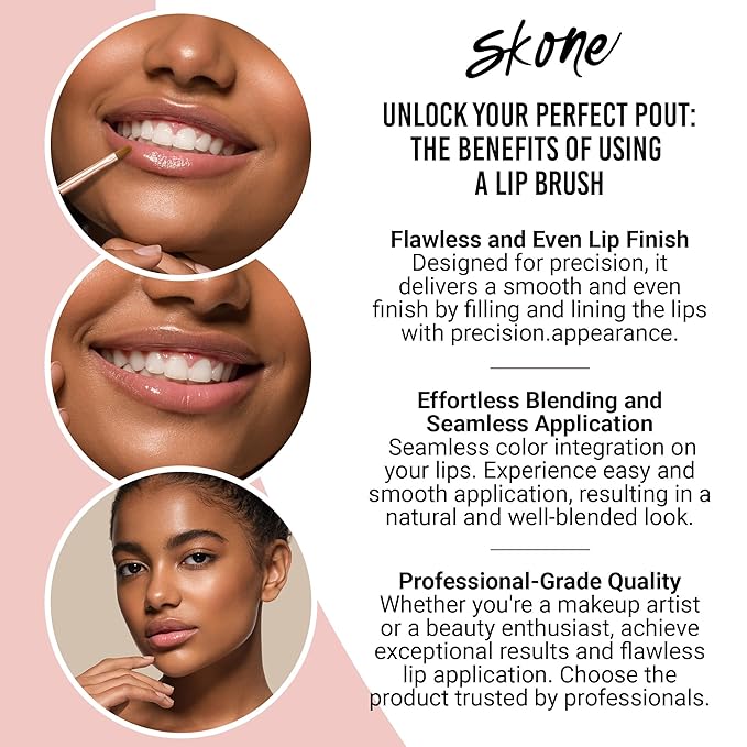 Skone Cosmetics Lip Brush - Luxe Premium Rose Gold and Synthetic Lip Makeup Brush - Professional Grade Nylon Lip Brush for Lipstick and Lip Glosses - Lipstick Brush Makeup Tool - Lipstick Brush Applicator - Cruelty Free Makeup Brushes