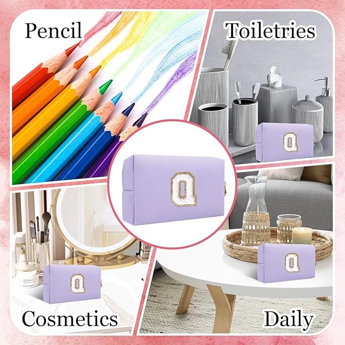 Small Personalized Letter Makeup Bag, Cute PU Leather Chenille Letters Cosmetic Bag Travel Makeup Pouch, Preppy Travel Organizer Zipper Pouch for Women&Girls（Purple-Q）