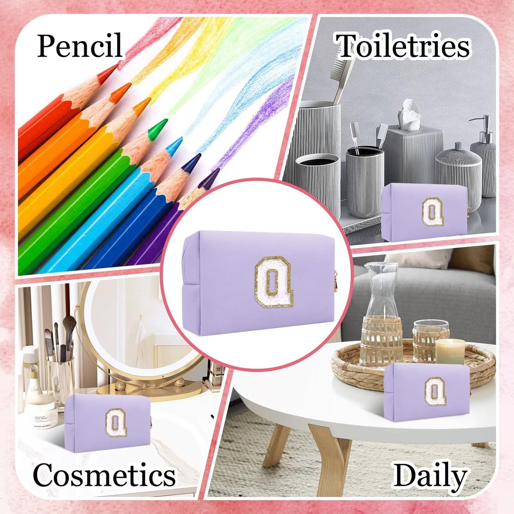 Small Personalized Letter Makeup Bag, Cute PU Leather Chenille Letters Cosmetic Bag Travel Makeup Pouch, Preppy Travel Organizer Zipper Pouch for Women&Girls（Purple-Q）