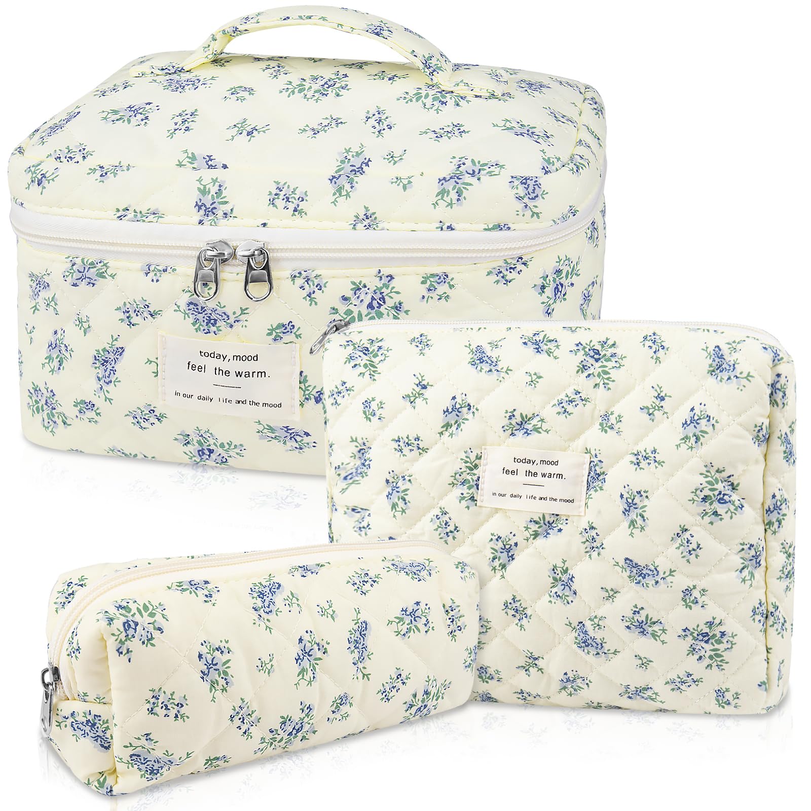 Gosect Makeup Bag Set, Quilted Makeup Bag, Large Floral Cosmetic Bag for Women, Cute Cotton Makeup Bags, Flower Travel Toiletry Organizer Bag (Blue Floer)