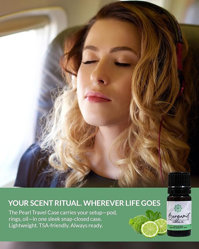 Essence Pearl Travel Case | Bergamot Essential Oil | Aromatherapy Nasal Diffuser & Essential Oil Carrying Case | Refreshing Citrus Scent | Travel-Friendly Kit | White Pod