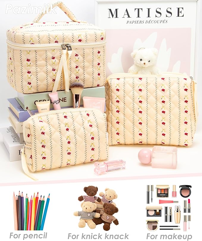 3 Piece Quilted Makeup Bag Set for Women,Cosmetic&Toiletry Bag,Flower Beige