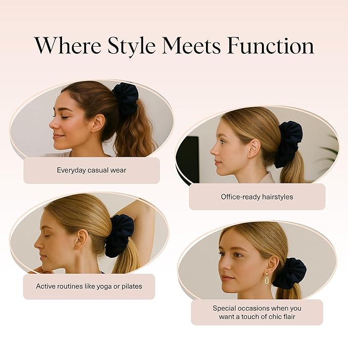 Kitsch Ruffle Satin Scrunchies For Women - Gentle Hair Tie - Black, 1pc
