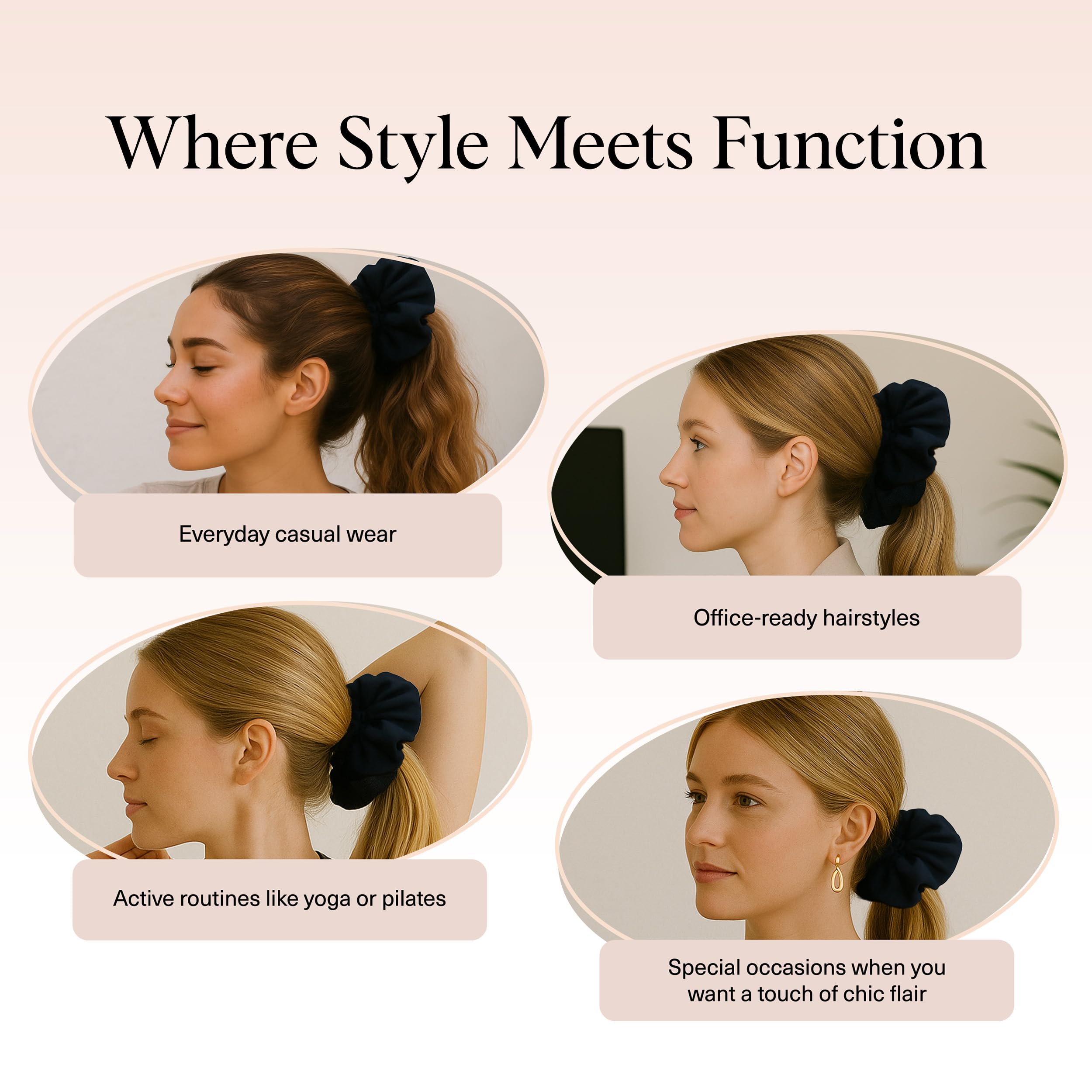 Kitsch Ruffle Satin Scrunchies For Women - Gentle Hair Tie - Black, 1pc