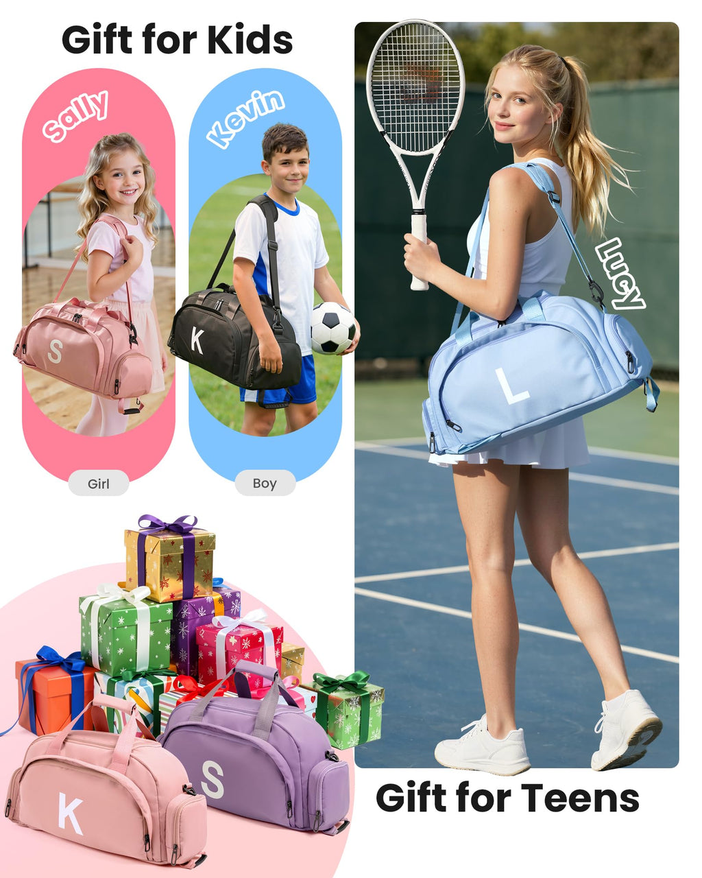 Vogewood Birthday Gifts for 6 Year Old Girls, Convertible Initial Gym Bag