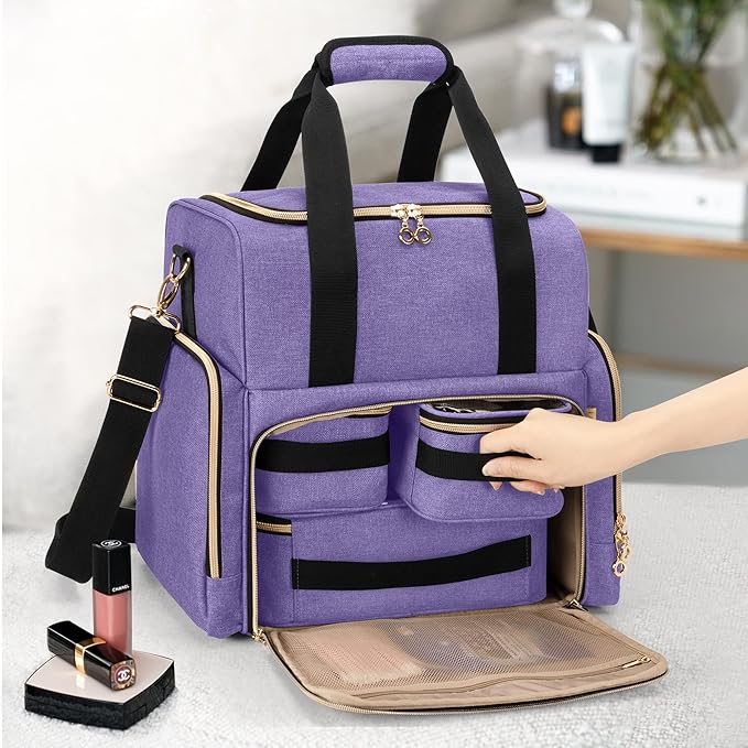 LUXJA Large Travel Makeup Bag with 3 Removable Makeup Cases, Purple