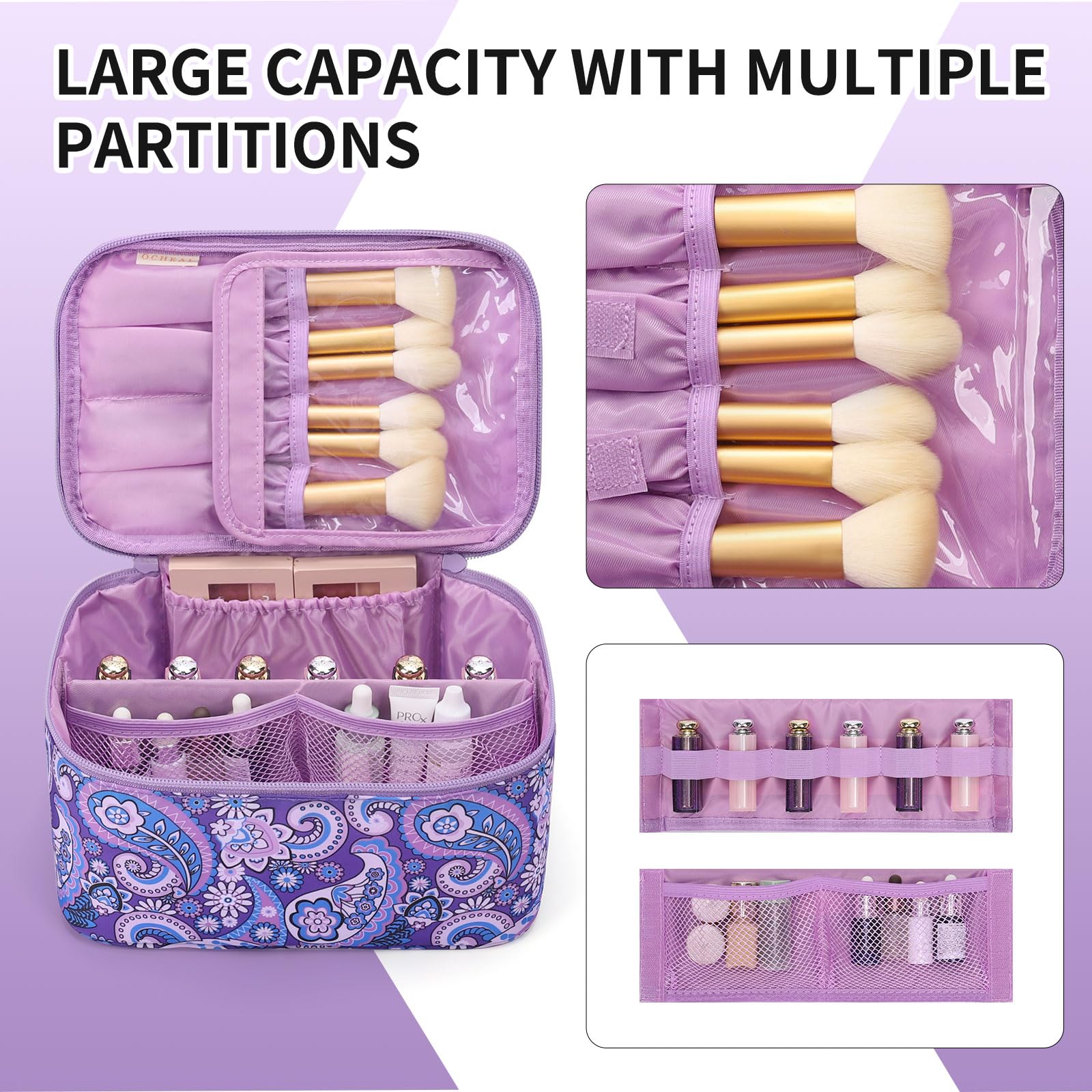OCHEAL Makeup Bag - Portable Large Capacity Travel Cosmetic Case for Women with Handle and Divider Toiletry Organizer for Girls on the Go -Purple