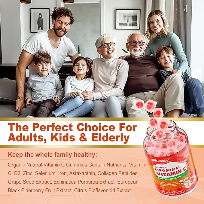Natural Liposomal Vitamin C 1000mg Gummies for Adults & Kids 9+, Chewable Vitamin C w/ 11mg Zinc, D3, Elderberry, Echinacea,, Bioflavonoid, Immune Support, Whole Food VIT C from Fruits, Sugar Free