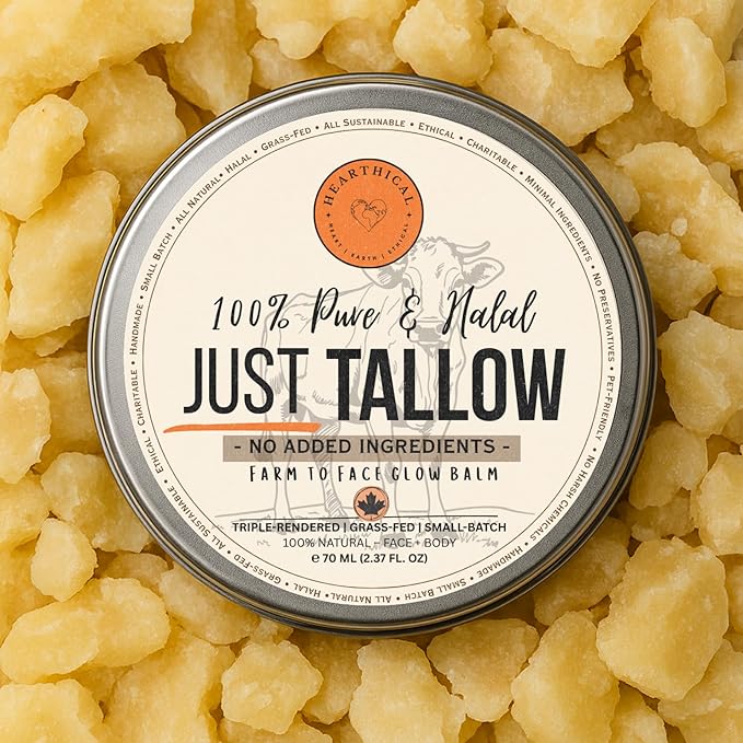 Hearthical JUST Tallow - No Added Ingredient - 70 g Halal Grass Fed Beef Tallow For Skin - Organic Beef Tallow Moisturizer – Beef Tallow Face Moisturizer & Beef Tallow Balm For Face – Unscented