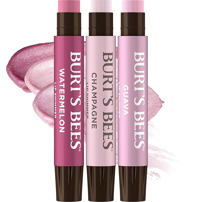 Burt's Bees Lip Shimmer Pink Collection, Tinted Lip Balm Stick, Moisturizing for All Day Hydration with Natural Glowy Pigmented Finish & Buildable Color, 3 Shades, Value Pack, 0.09 oz., Three Tubes