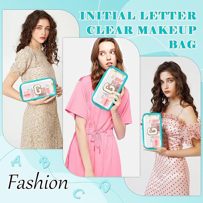 Personalized Initial Letter Clear Makeup Bag,Preppy Small Nylon&PVC Cosmetic Zipper Bag with Chenille Letter,Portable Beach Travel Skincare Toiletry Bag,Trendy Monogram Gift for Teen Girls Women,G