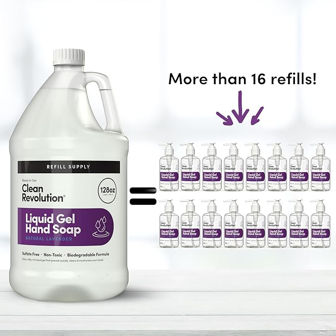 Clean Revolution Liquid Gel Hand Soap Refill with Real Essential Oils – Sulfate-Free Gel Hand Wash, Moisturizing Bulk Refill, Non-Toxic Formula, Made in the USA (Natural Lavender) 128 Fl Oz