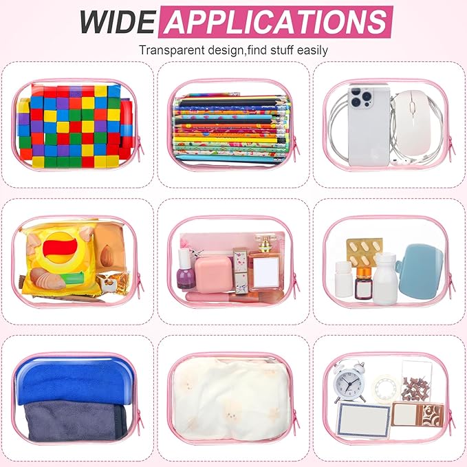 Sanwuta 6 Pcs Clear Hard Zipper Case Plastic Zipper Pouches Transparent Makeup Bag Pencil Case Pouches Toiletry Diaper Bag for Travel Toy Storage Organizer Bins(Pink,7.87 x 5.9 x 2 Inch)