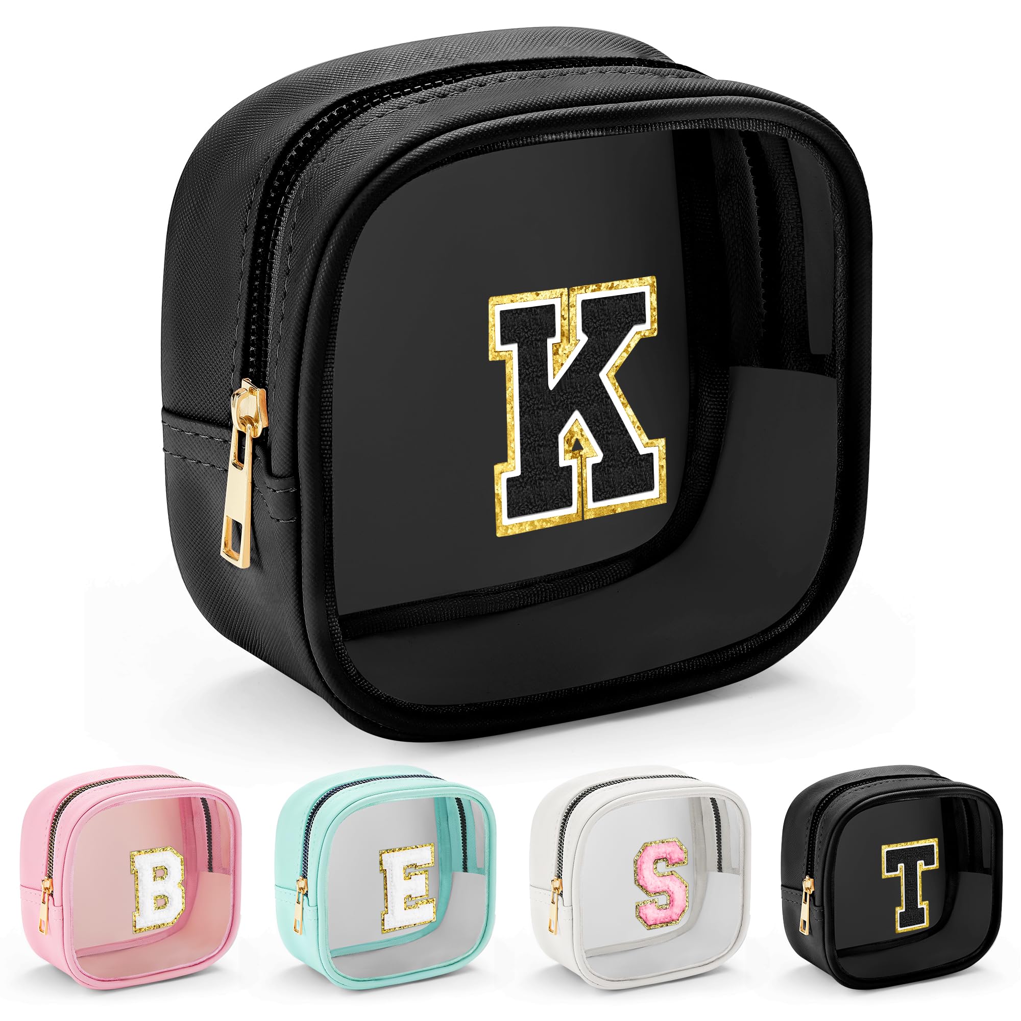 YOOLIFE Mini Clear Makeup Bag Initial Make Up Bag Waterproof Travel Toiletry Bag, Clear Makeup Bag Travel Essentials Gifts for Women Teen Girlfriend Teacher Mom Cute Pouch for Medications Black K