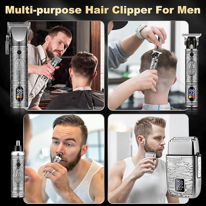 QREEYX Hair Clippers for Man T-Blade Trimmer Nose Hair Trimmer Electric Shaver Set, Professional 4 in 1 Barber Clippers Set for Haircut, Men’s Grooming Kit with LCD Display, Ideal Gift for Him