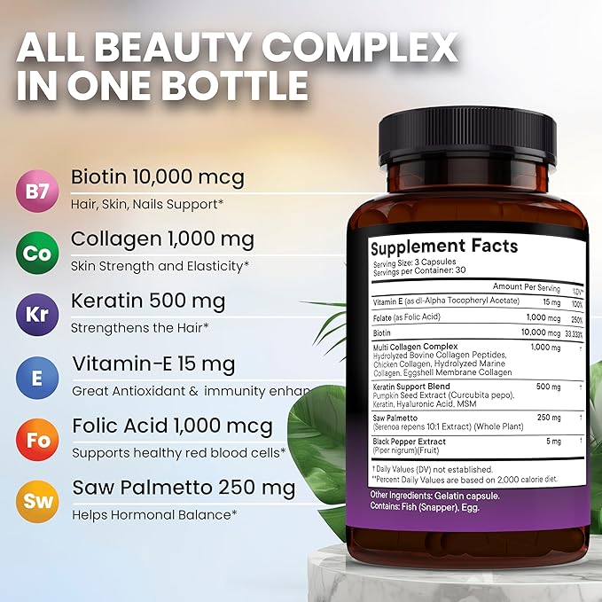 NEW AGE Biotin Collagen Keratin Hyaluronic Acid - Hair Growth Vitamins for Men and Women, Nails, Hair, Skin Vitamins and DHT Blocker with Vitamin E Folic Acid Pumpkin Seed MSM- 180 Count