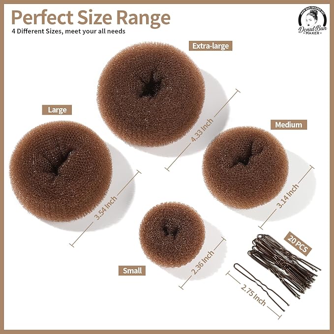 Teenitor Hair Bun Maker, Hair Buns for kids Girls, Hair Donuts, Ballet Bun Maker,4 Size, Light Brown